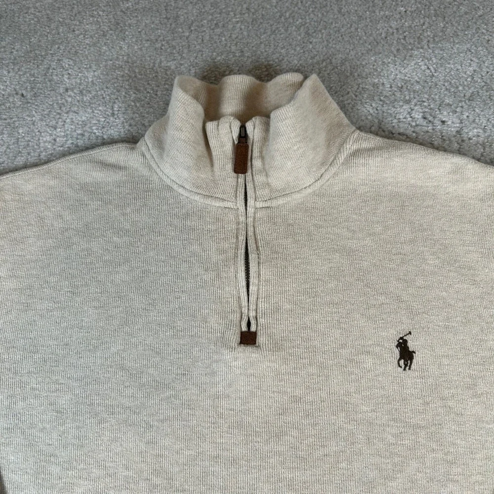 Polo Ralph Lauren Quarter Zip Pullover Mens Large Beige Ribbed Knit Cotton Pony